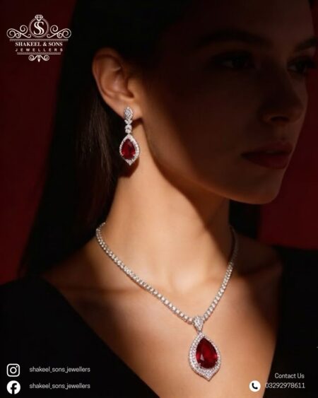 necklace and earring teardrop ruby and cubic zirconia