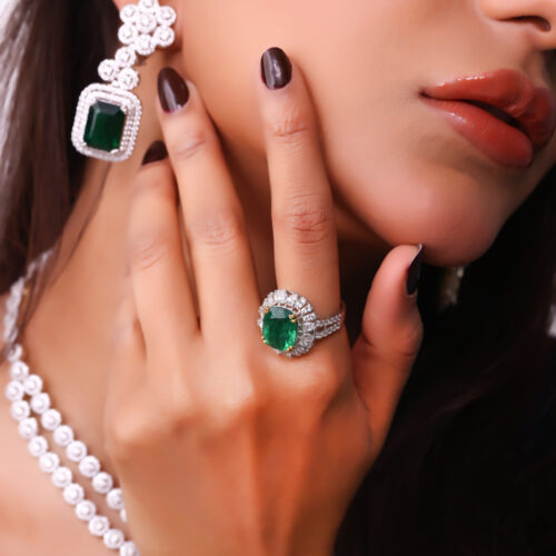 The Empress Emerald Halo Ring Earrings necklace set